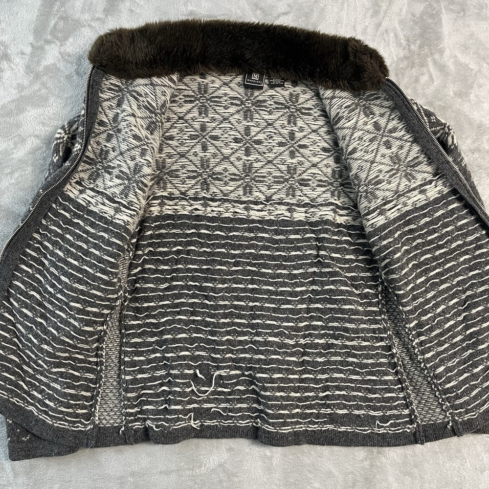 VTG Maurices Womens M Nordic Fair Isle Lambswool Blend Zip Cardigan Fur Collar - Picture 7 of 15